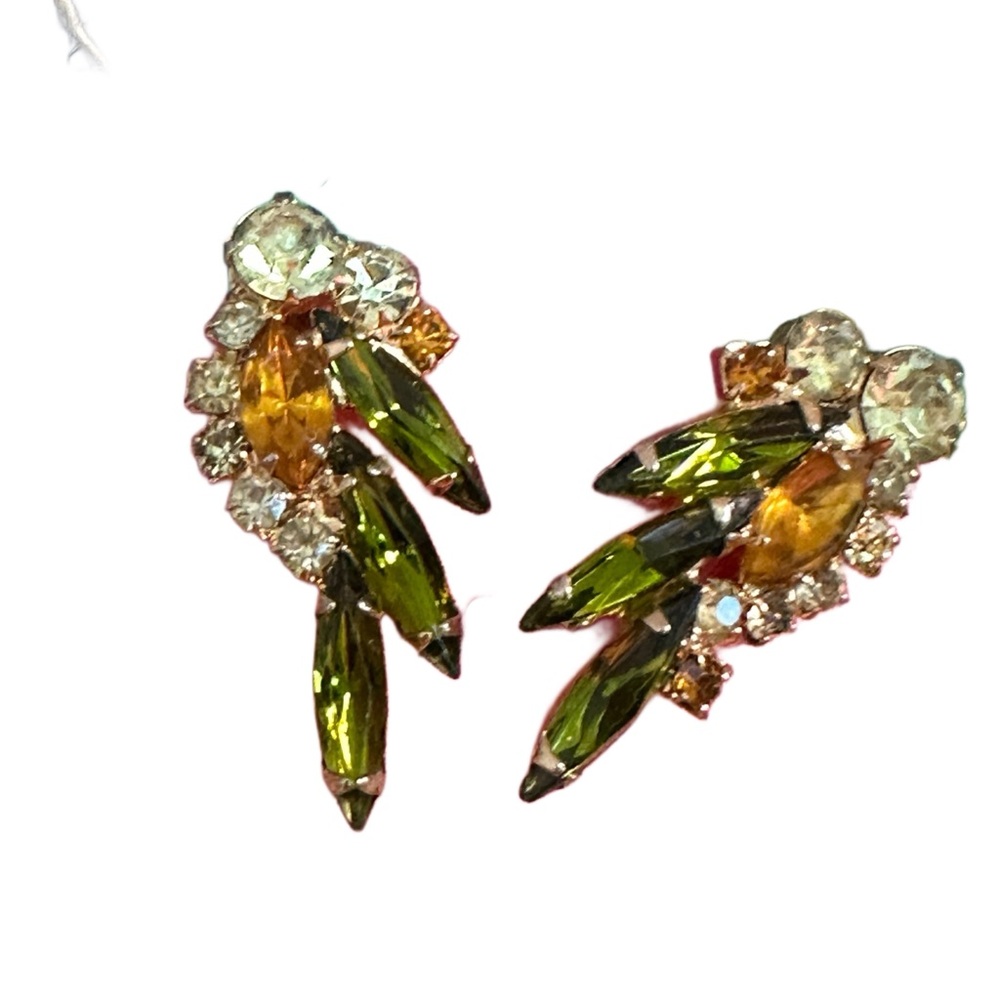 Vintage Green and Gold Leaf Design Earrings with Gemstones
